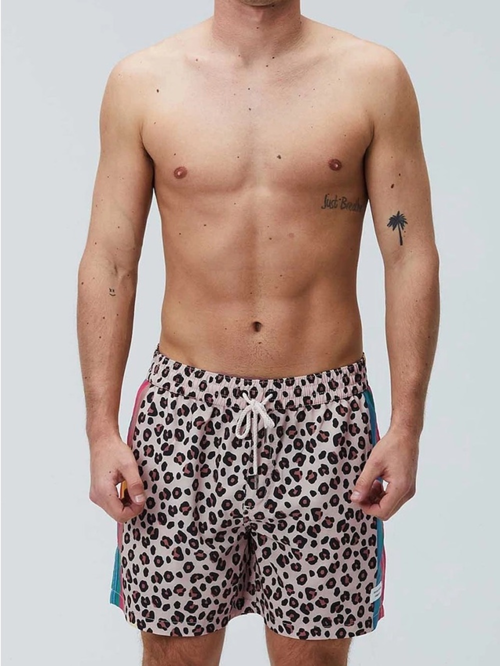 Duvin Leopard Print Swim Trunks with Pink & Teal Side Panels